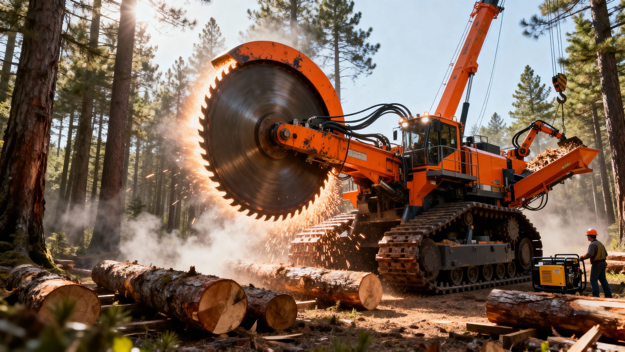 A super-giant diagonal circular saw on treads, fifty feet tall, its blade ring rotating slowly with electric whine. The diagonal circular bl...