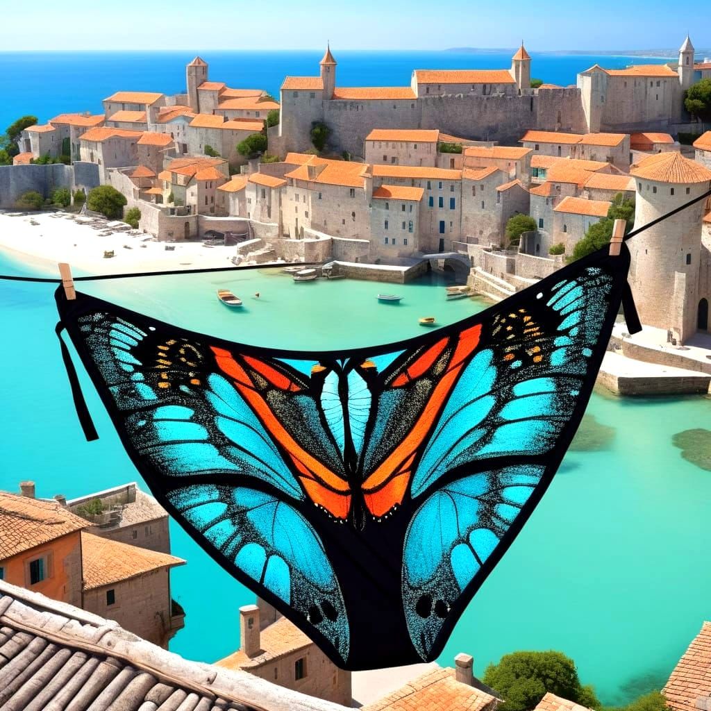 Surreal Medieval Town Scene with Whimsical Underwear and But...