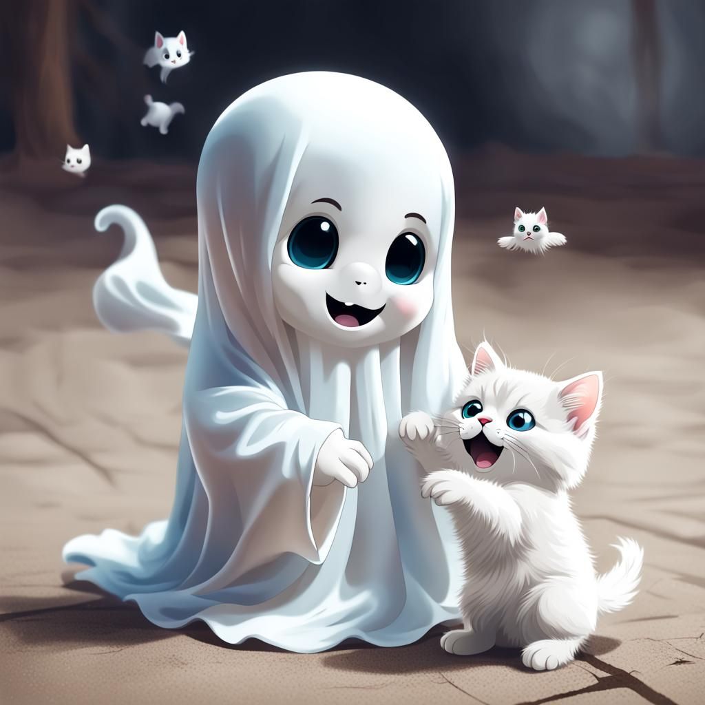 an adorable and cute little ghost playing with kitten  by @Ploom