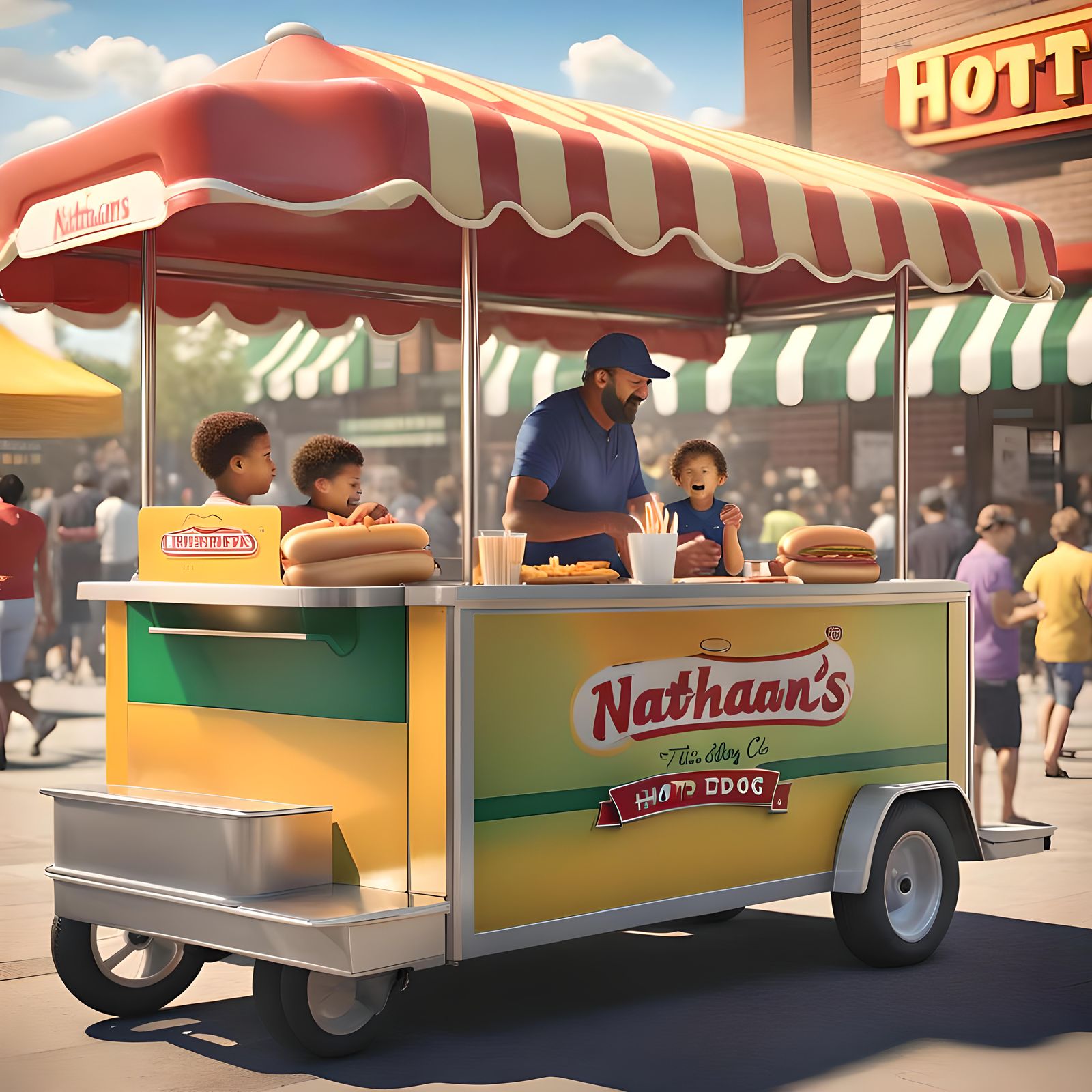 A sunny afternoon at a nathans hot dog cart. A father and ch...