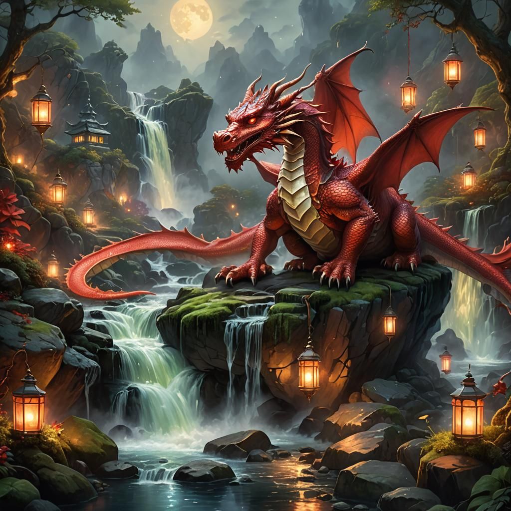 Red Dragon Resting by Waterfall in Ethereal Night