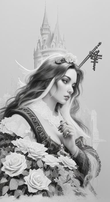 a digital painting of a woman with a rose on her head and a ...