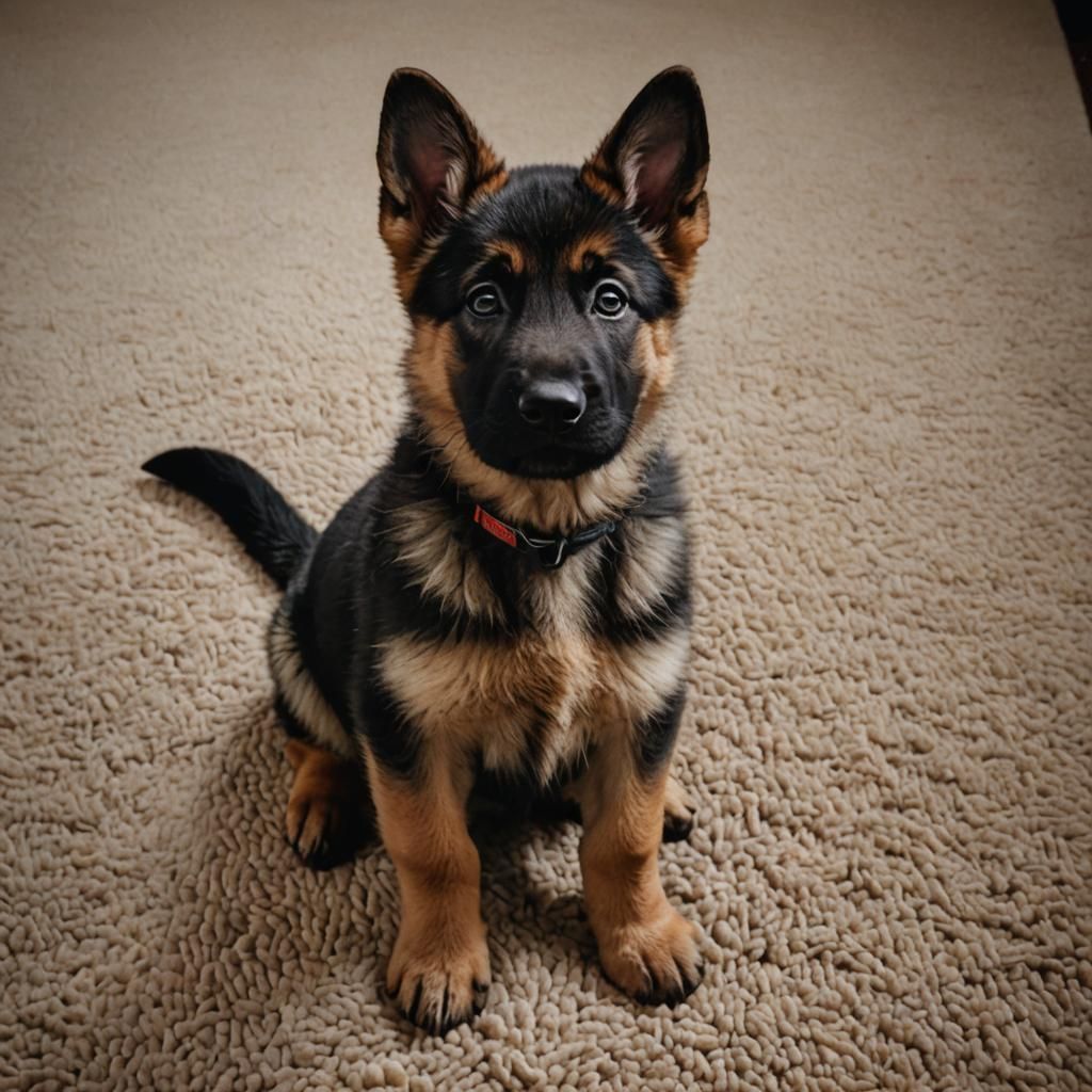 Closeup of a German shepherd puppy sitting on a carpet and looking up with dark expressive eyes. Cinematic dramatic lighting, warm tones, de...