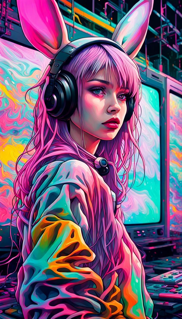 Cyber rabbit girl In a big tv screen, glitching ,vaporwave 80's 90's