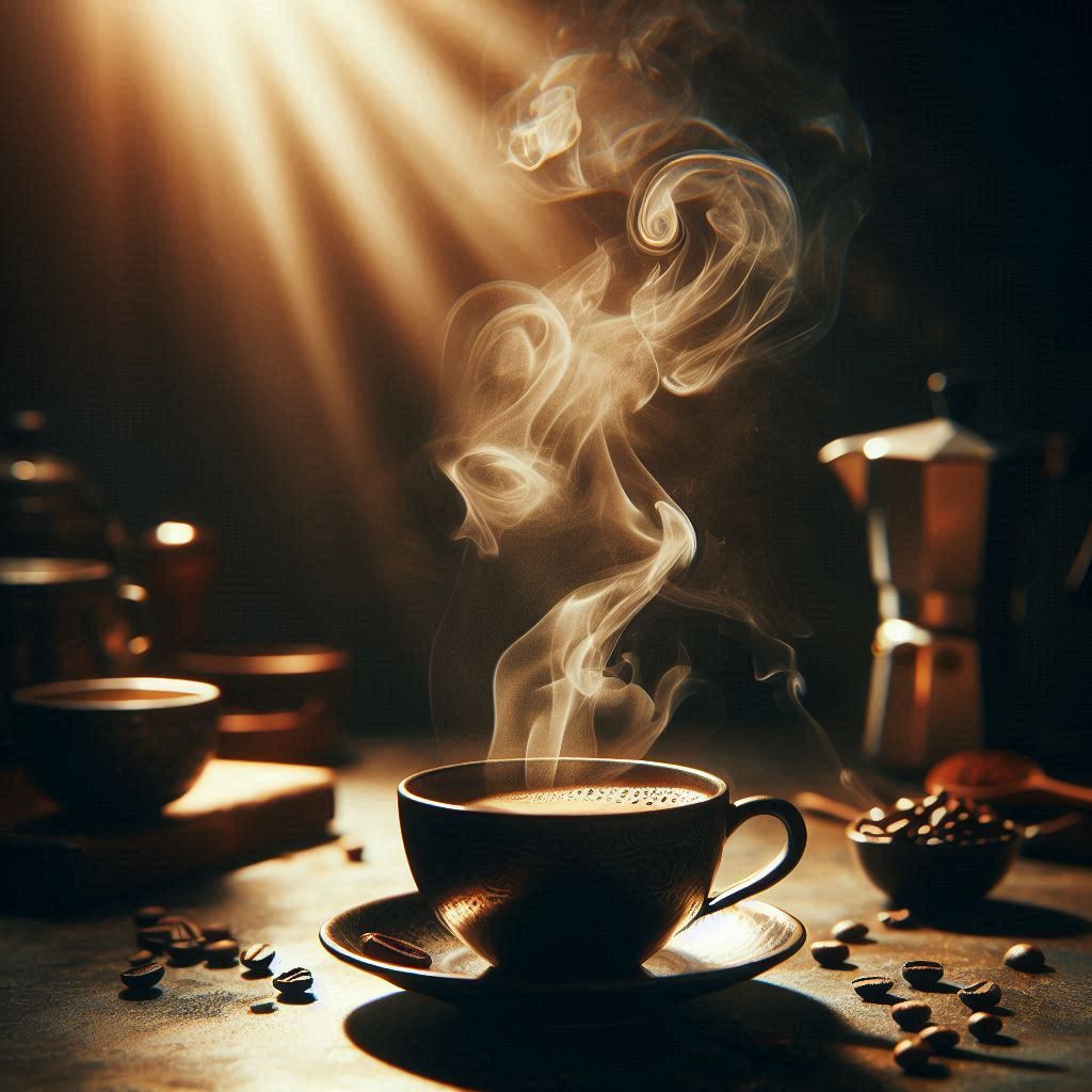 🍵 A steaming cup of coffee on a table with a warm glow.