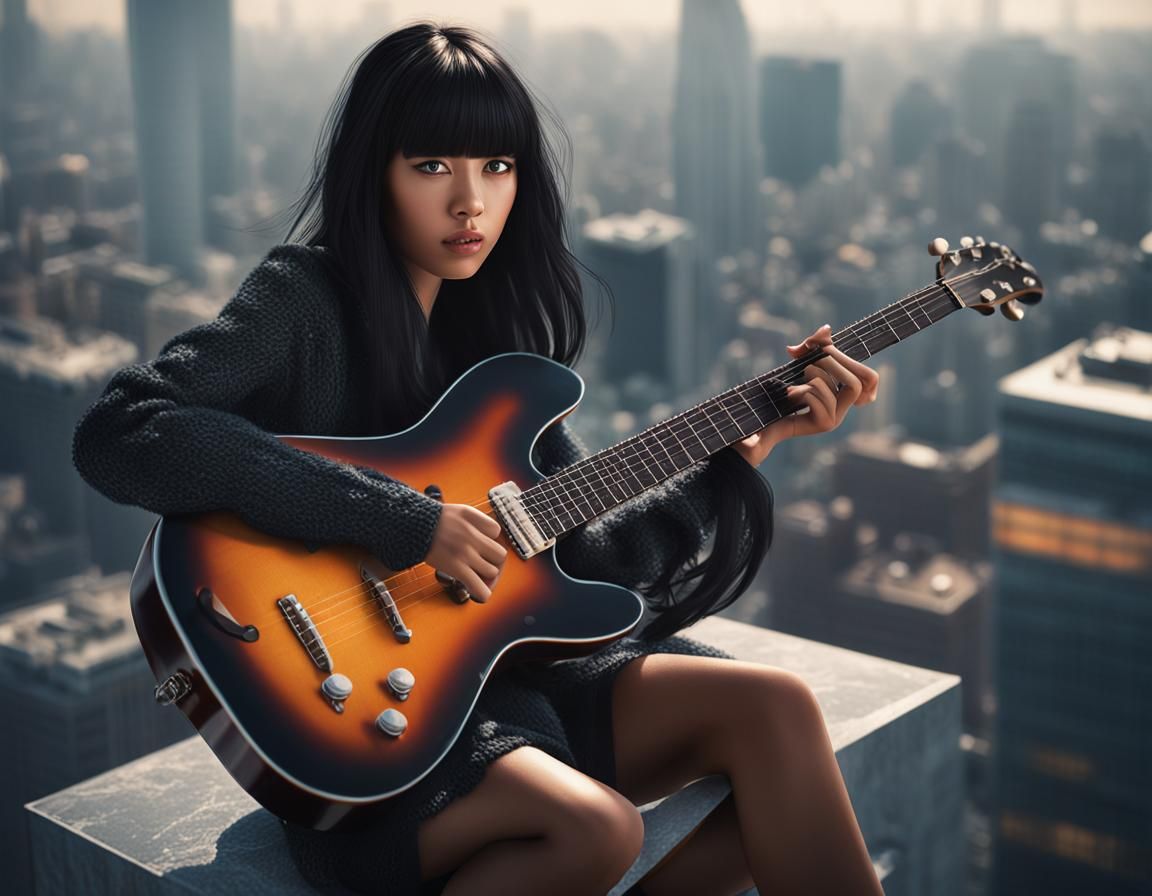 A very cute impish woman with black hair and bangs with big brown eyes, playing a guitar which is melting in her hands. She's sitting at the...