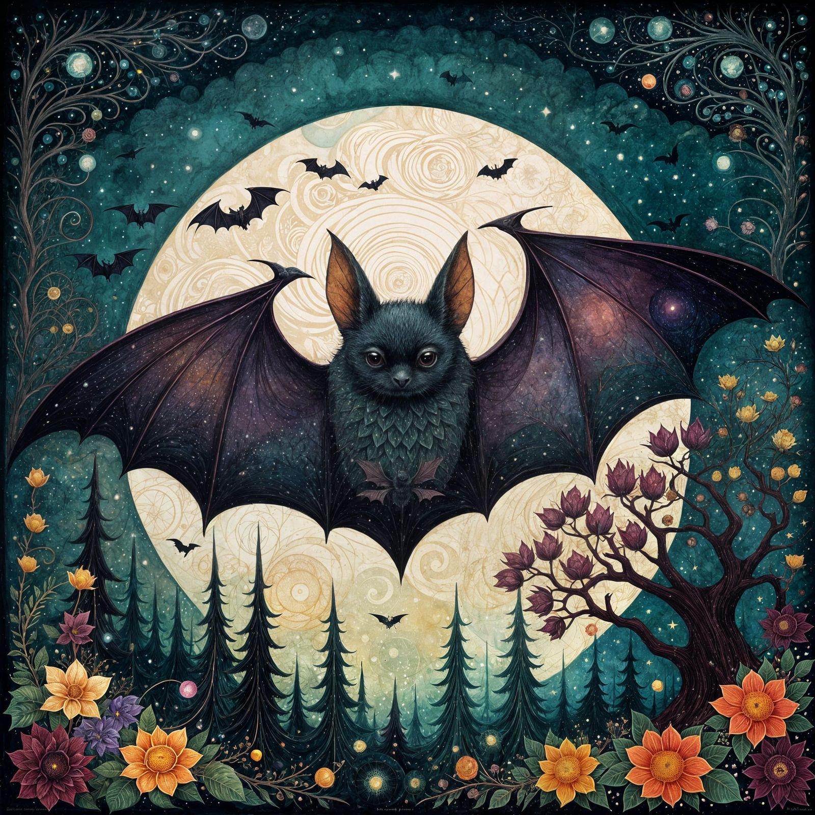 Whimsical Bat Collage Masterpiece in Dark Floral Folk Art St...