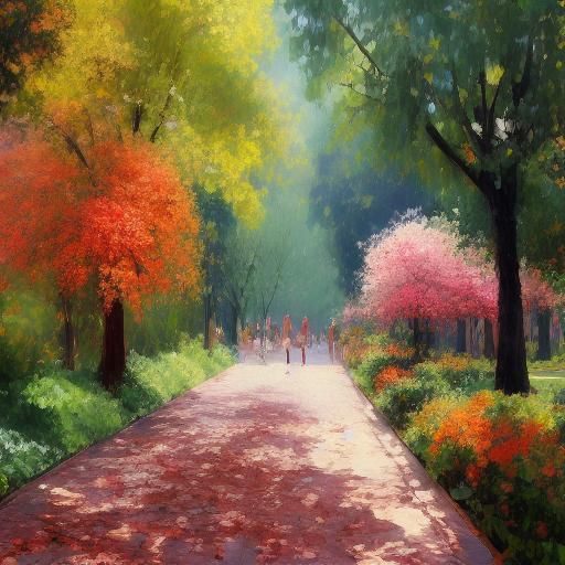 <lora:ImpressCitySD15:1.0> Village trees flowers lake people street 