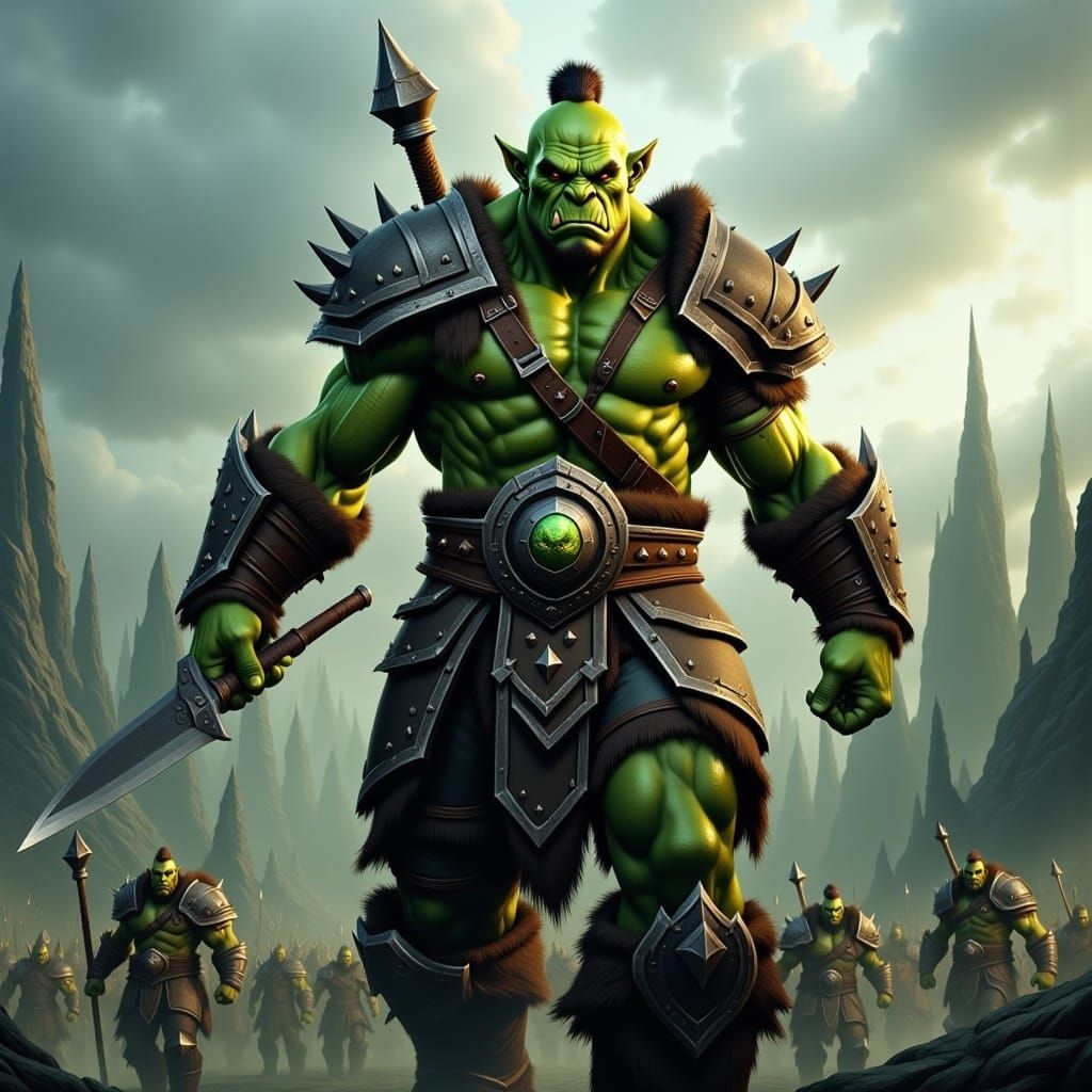 A warcraft style green orc warrior on the battlefield <lora:Flux orcs:1.0> 