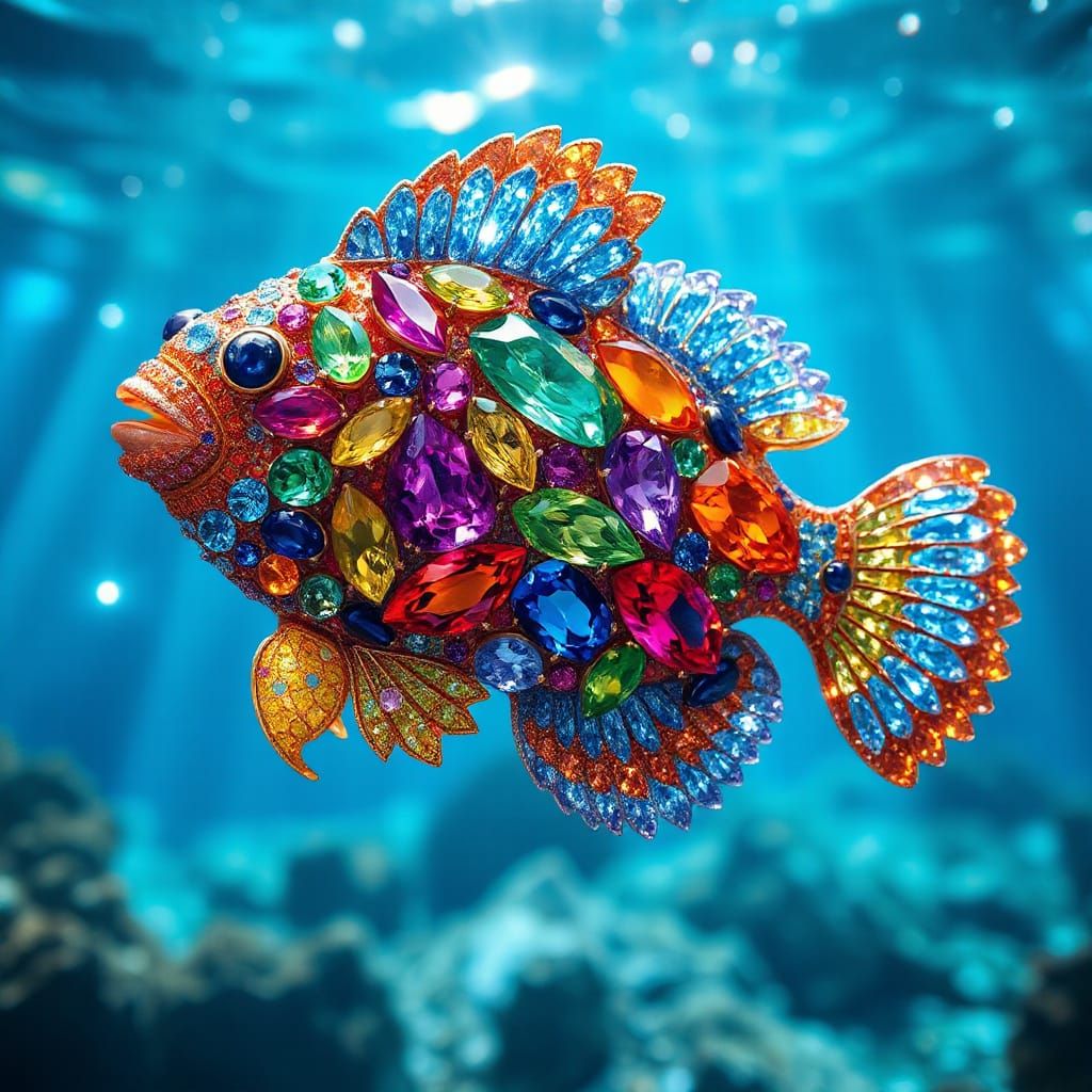 a tropical fish made entirely of gemstones, shimmering light in pristine water, beautiful, fantasy  by @SirEdmund