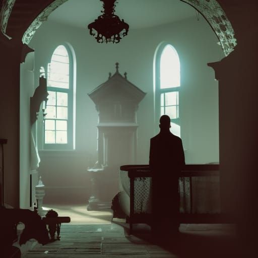 a ghostly figure in a house next to a Victorian cemetery