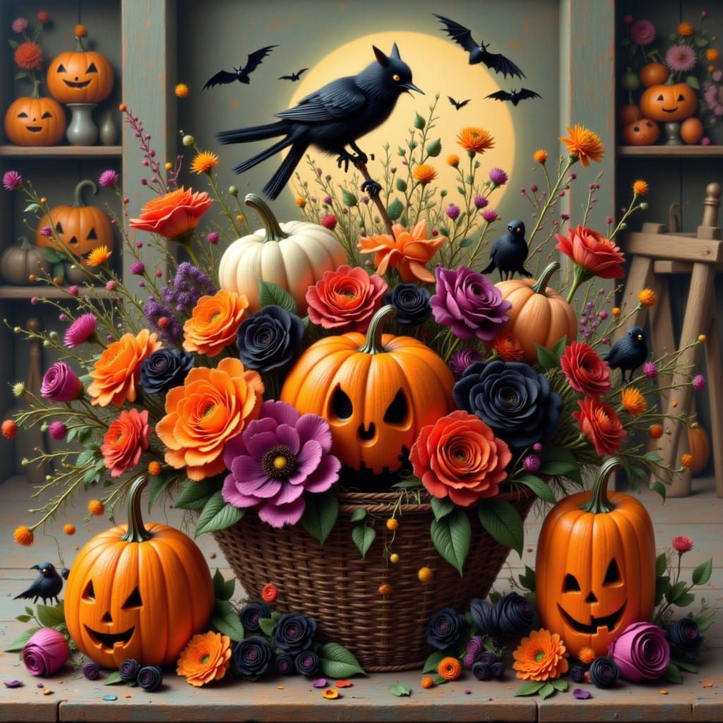Enchanting Halloween Flower Arrangement in Storybook Style