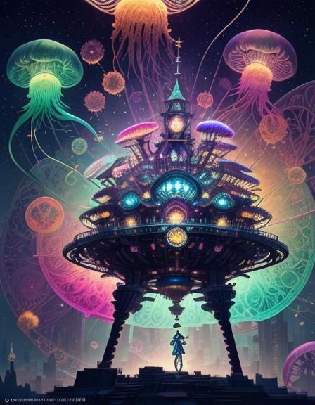 (clockpunk city surrounded by lots of flying glowing jellyfish like ...