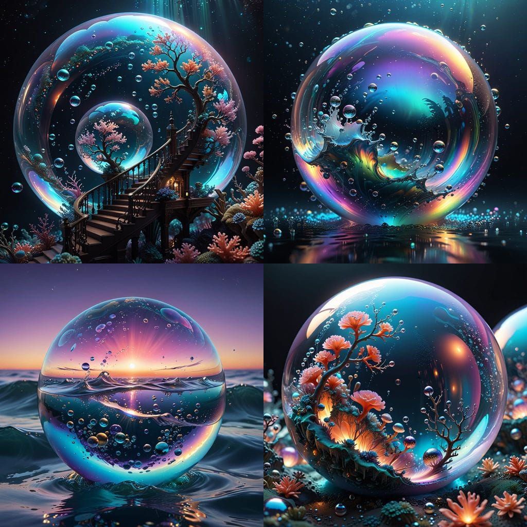 Hyper-realistic digital art. 3D cutaway view.
A massive, iridescent floating bubble hovers above an endless ocean of shi...