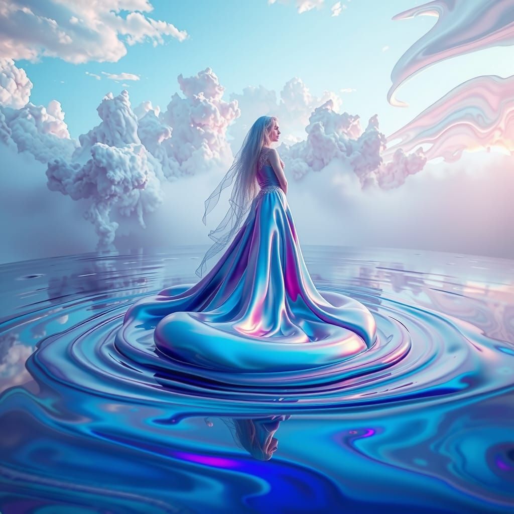 a lake of colorful non-newtonian fluids, vibrations causing the fluid to rise up in a rippled shape of water fairy set against a surreal bac...