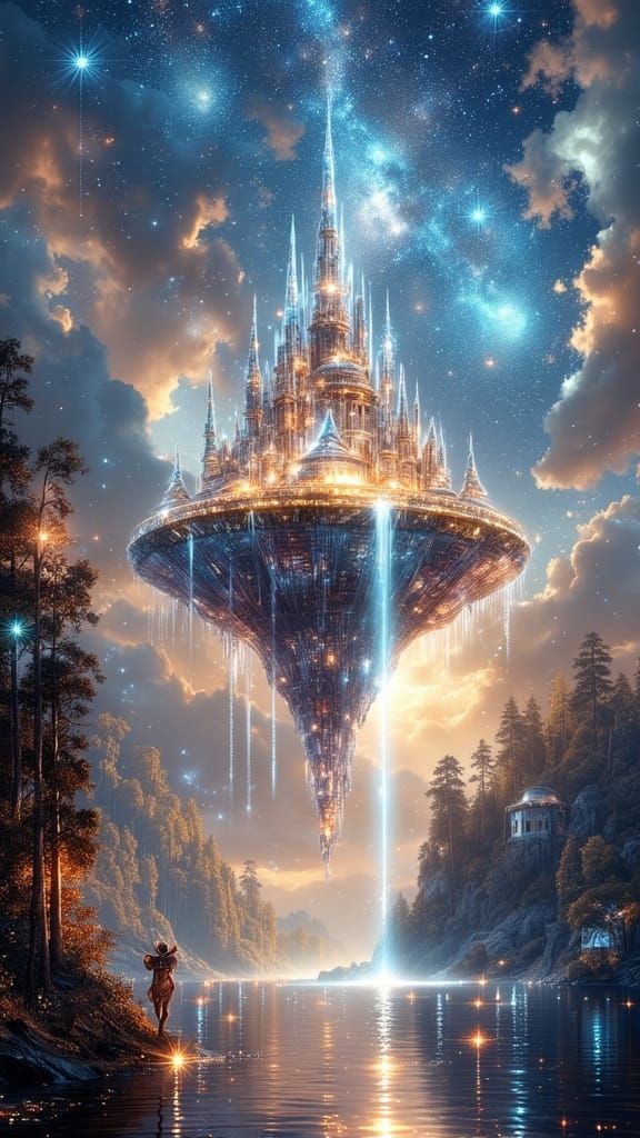 <lora:Exquisite Flux:1.0> Digital matte painting. Wide shot. A whimsical, floating island city made of crystal and stardust, with waterfalls...
