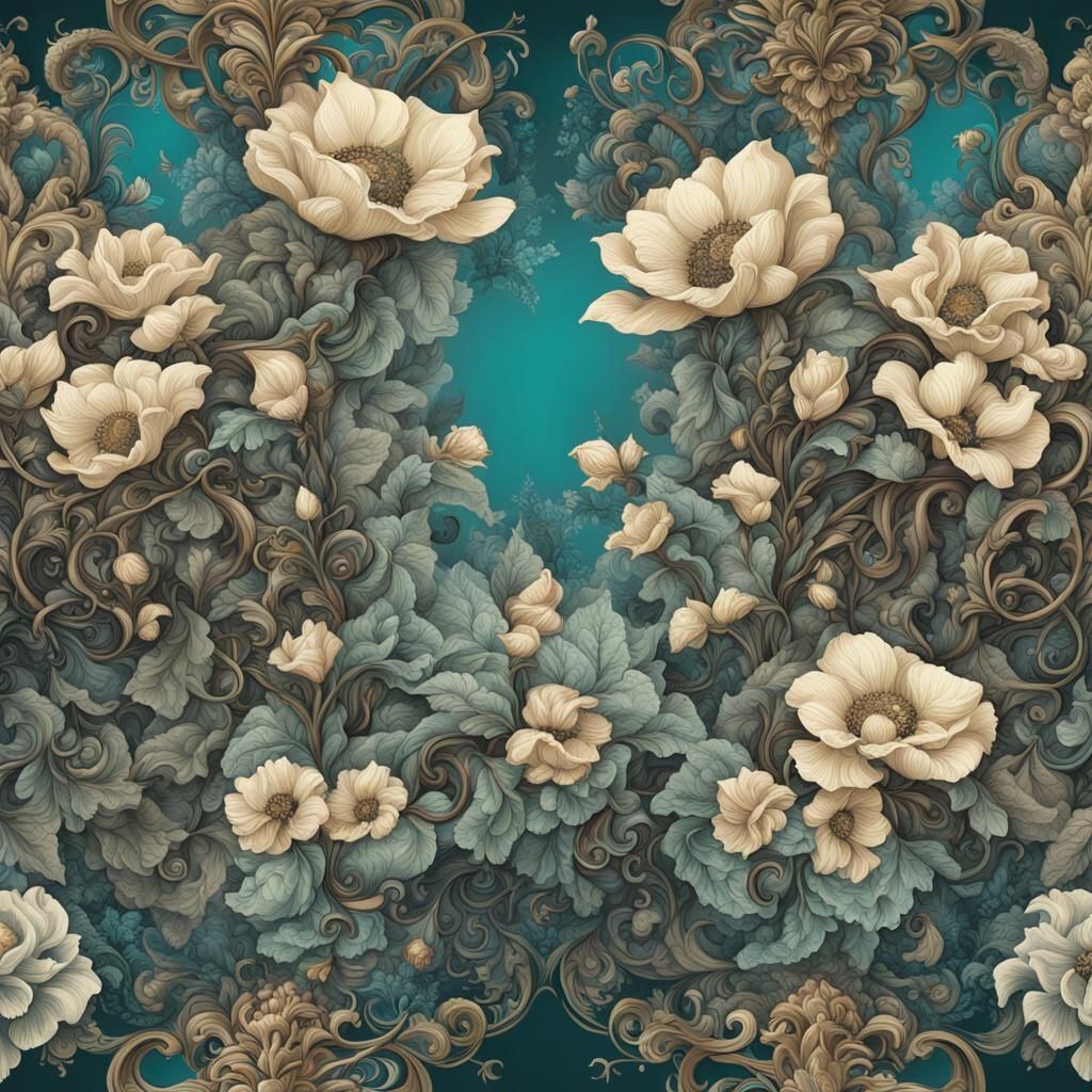 rich cream, gray, bone, rich aqua, dark teal and tan flowers...