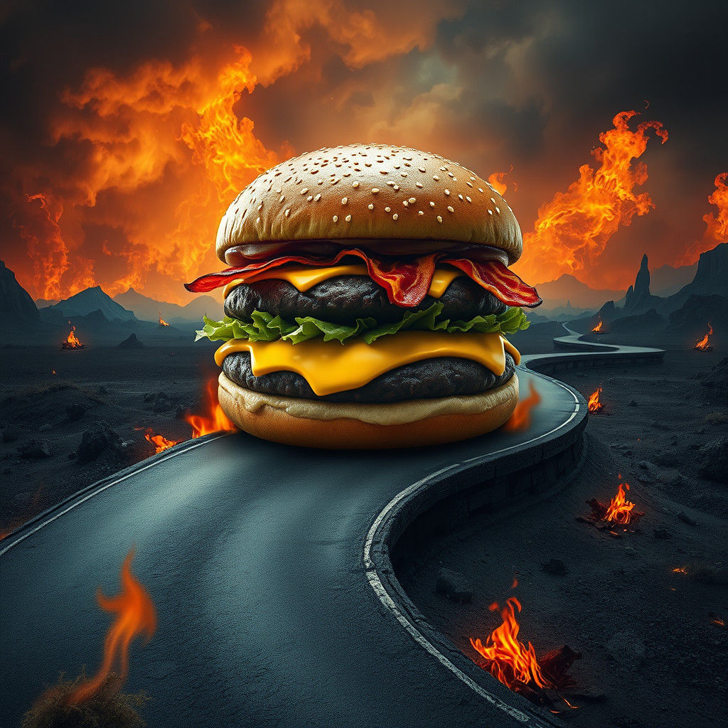 A giant hamburger on the road to hell  by @Maulkat