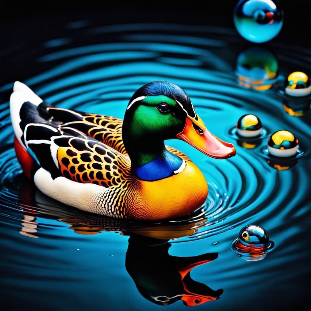Surrealistic Duck in Vibrant Bubble Bath, Surrounded by Floa...