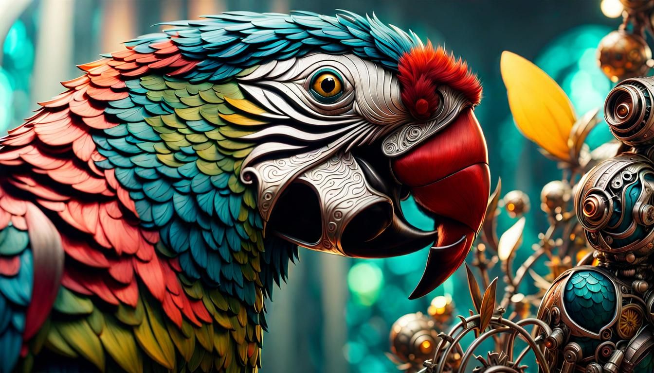 Giant parrot “made of silver metal”. A breathtaking masterpiece fantasycore artwork by Android Jones, ...  by @Jokavld