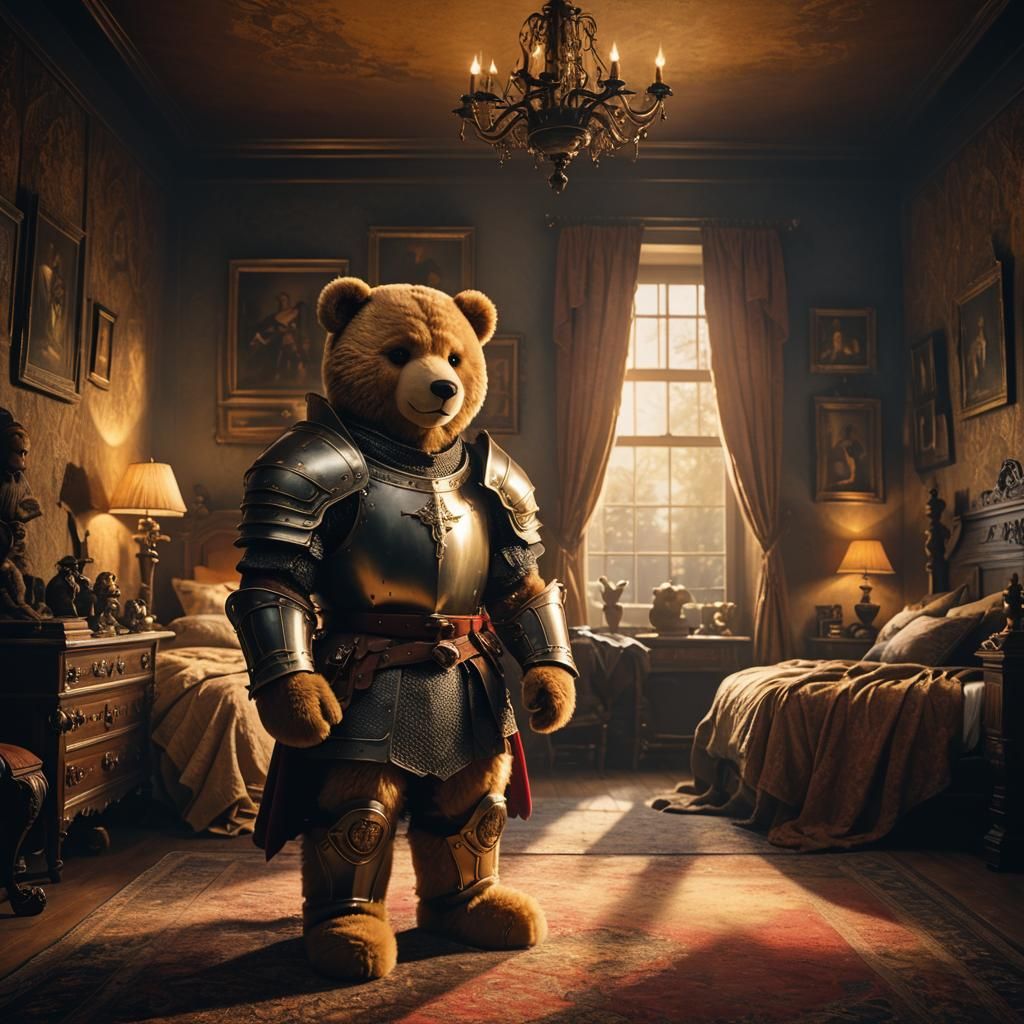 High fantasy epic adorable teddy bear knight, protecting the bedroom, high detail, high quality, correct anatomy, Epic cinematic brilliant s...