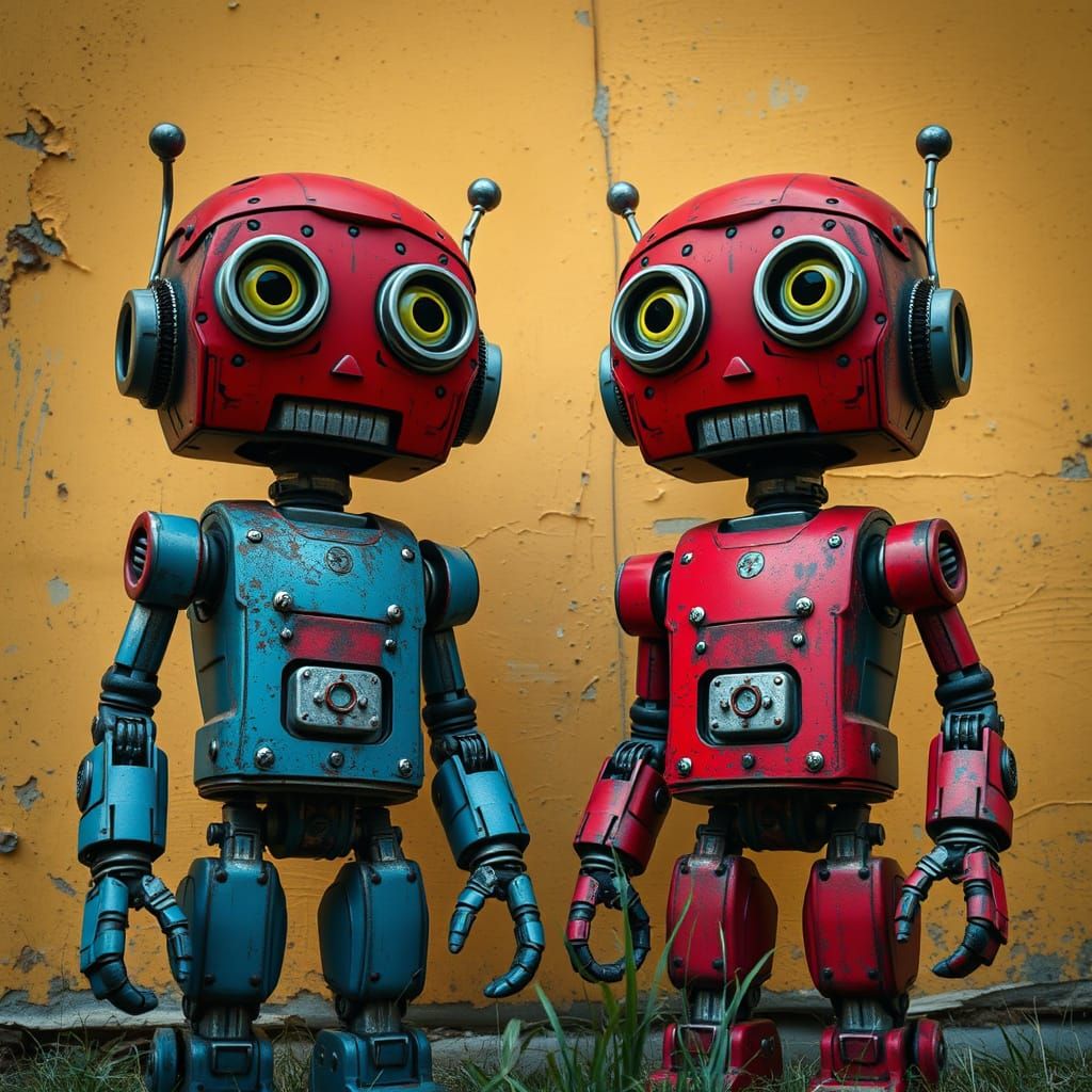 Mechanische Roboter in einer dystopischen Landschaft