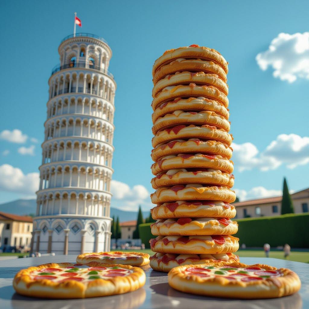 Leaning Tower of Pizza and Pisa in Hyperrealistic Style