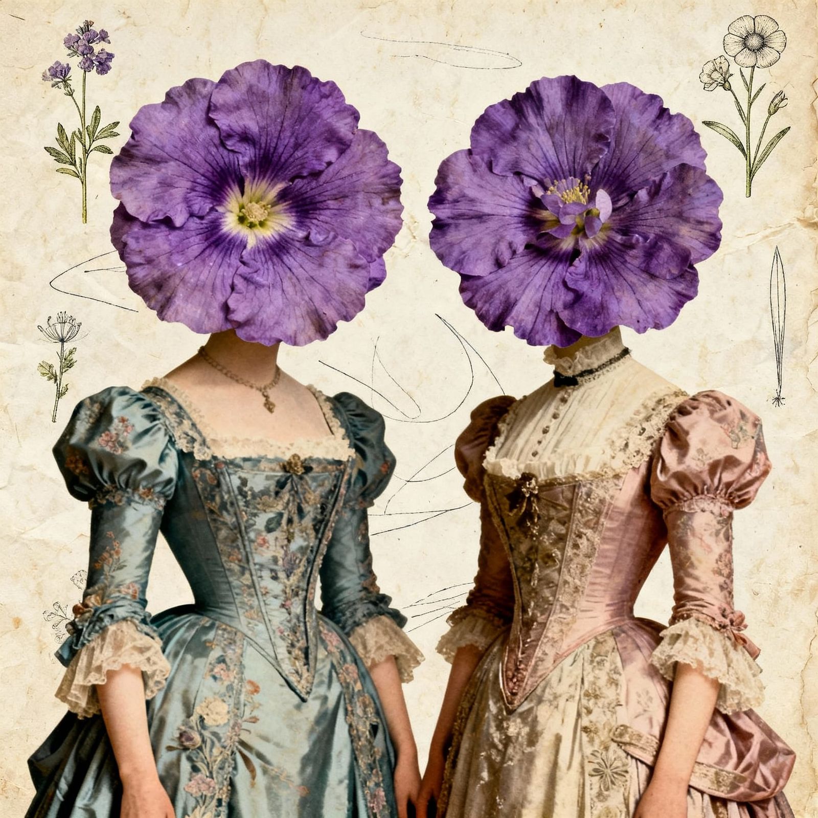 Two elegant, vintage women in ornate vintage dresses, their heads replaced by single large, vibrant pansy flowers dancin...