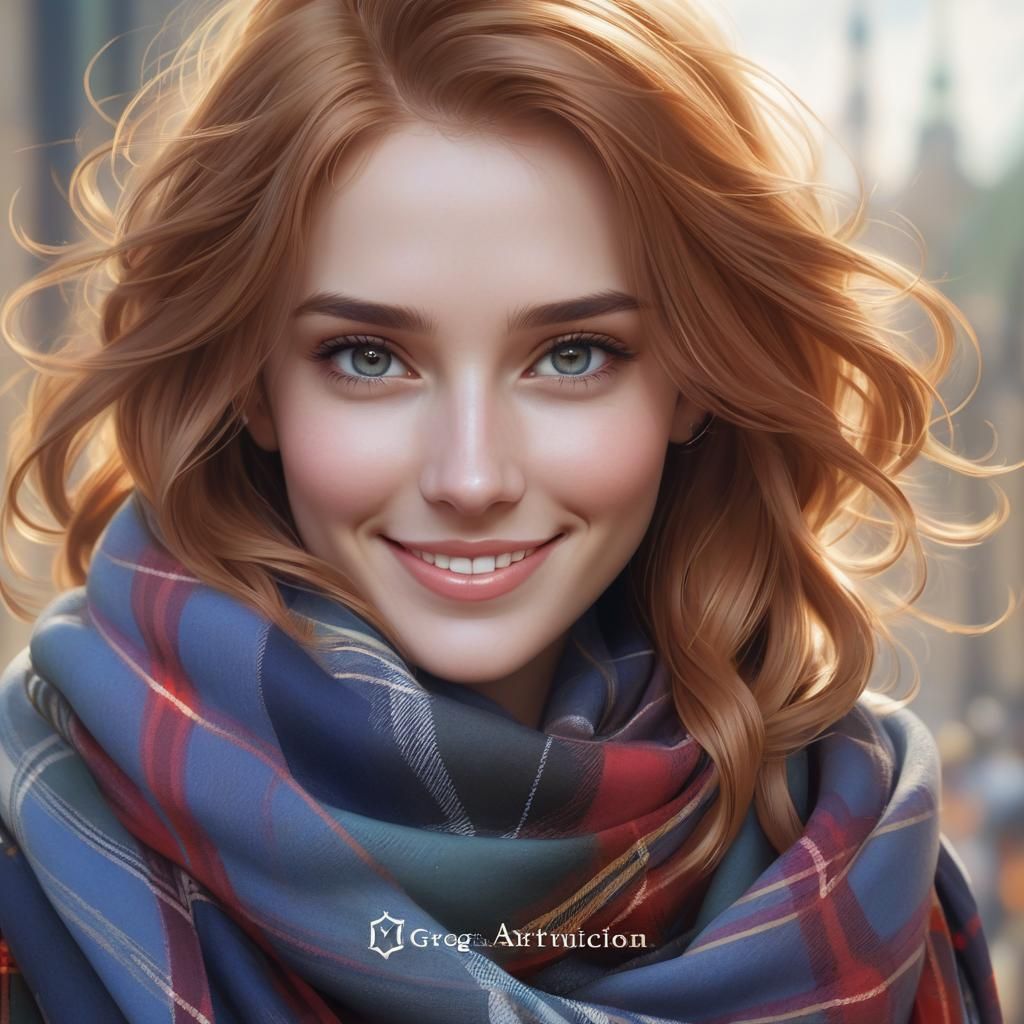 Close up of a smiling elegant young woman wearing a Plaid sc...