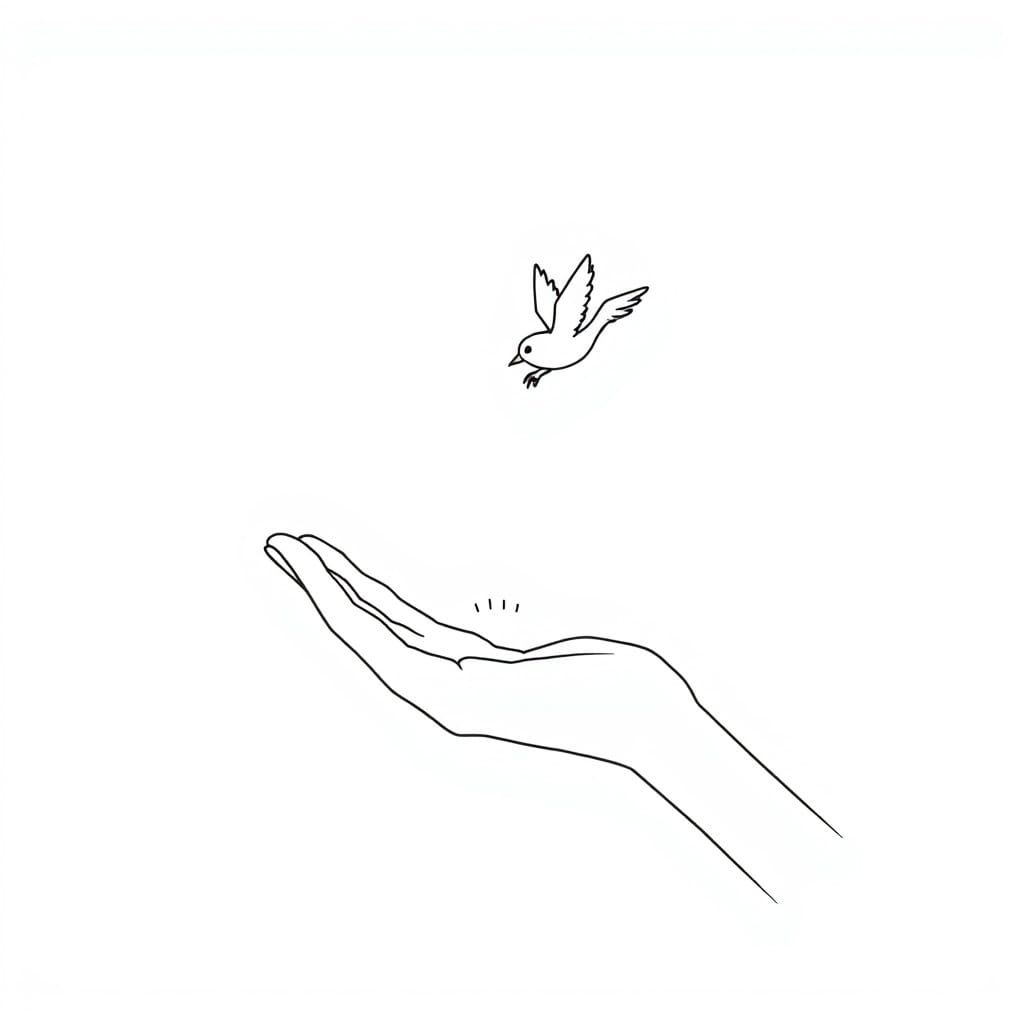 A small bird landing on the hand, both figures rendered in minimal continuous line work.  by @Hidden_Phantom