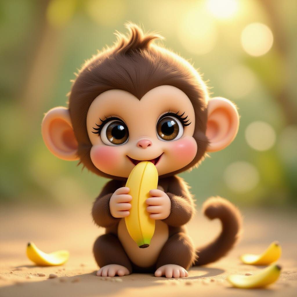 Cute Baby Monkey with Banana in 3D Style