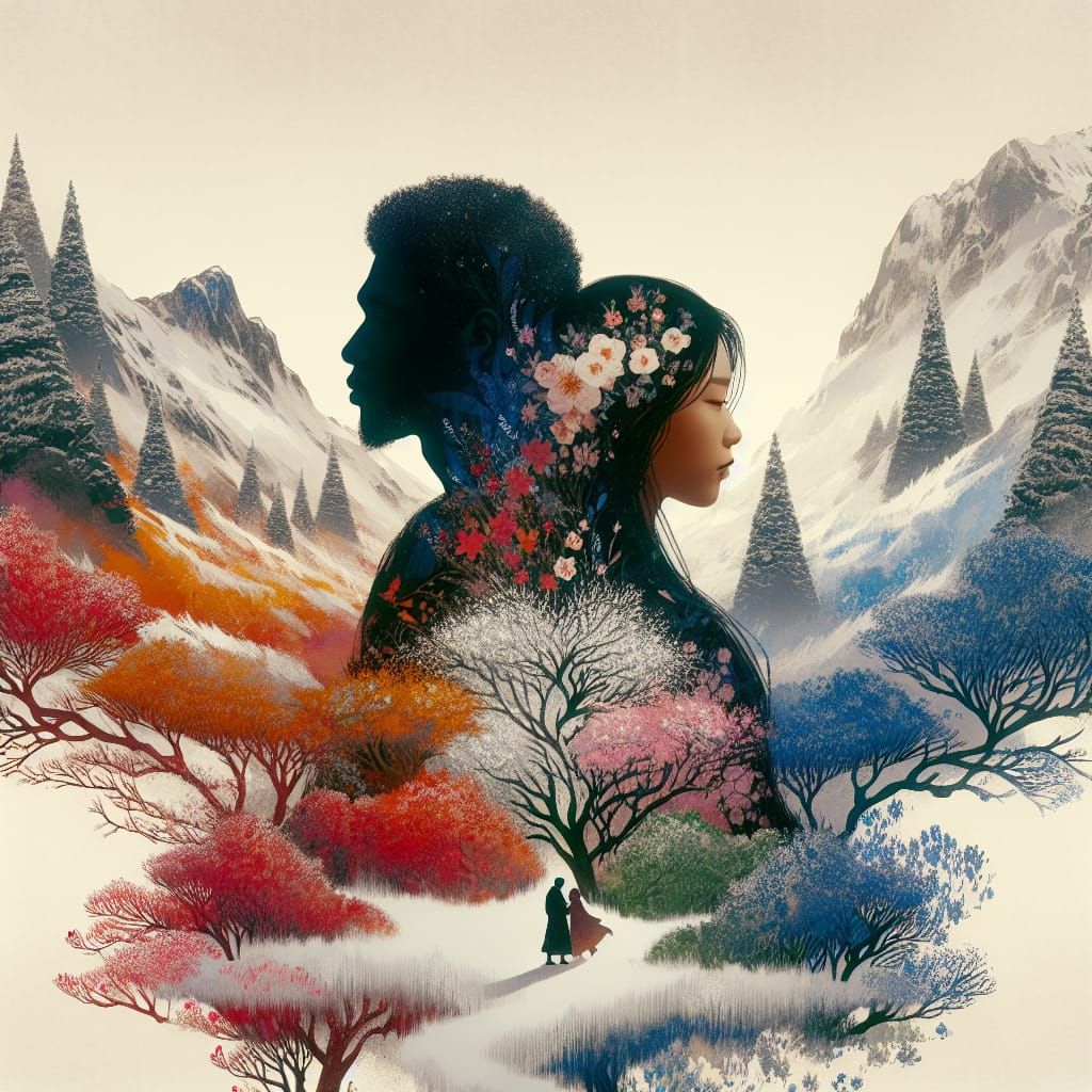 Double exposure portrait artwork inspired by manhwa. It depicts a couple in love embodying winter and spring, exploring a fantastical landsc...
