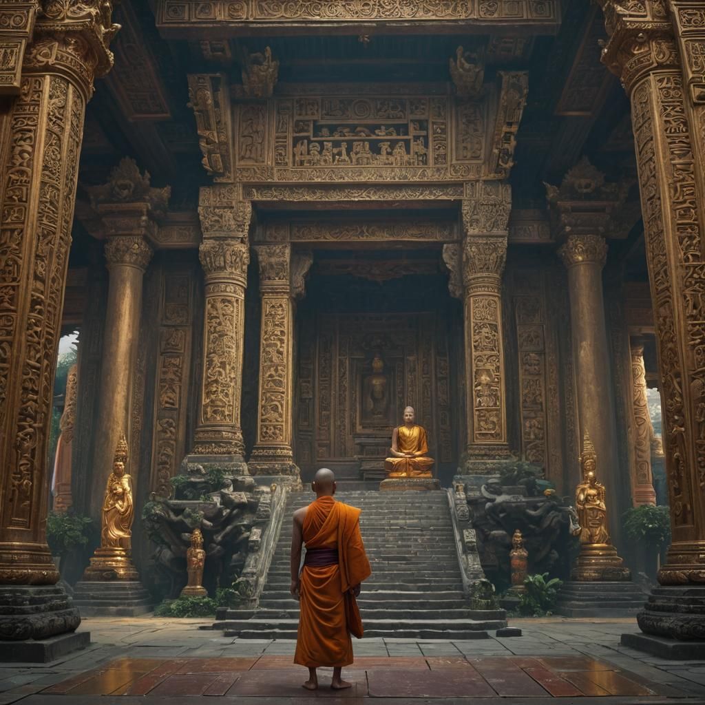 Buddhist Monk in Ancient Temple: Cinematic Digital Painting