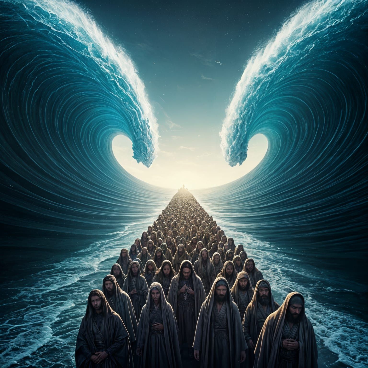 בני ישראל הולכים על היבשה בתוך ים סוף