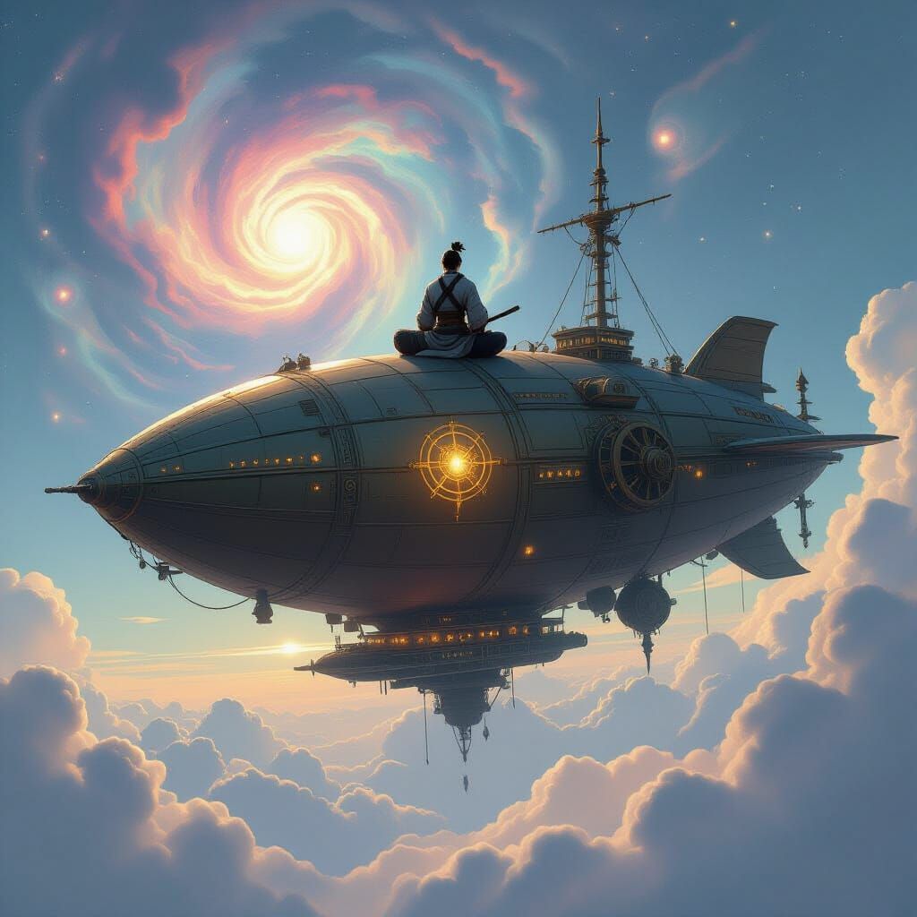 A solitary samurai warrior meditating atop a colossal, ancient airship, drifting through a sky filled with swirling nebulae. The airship is ...
