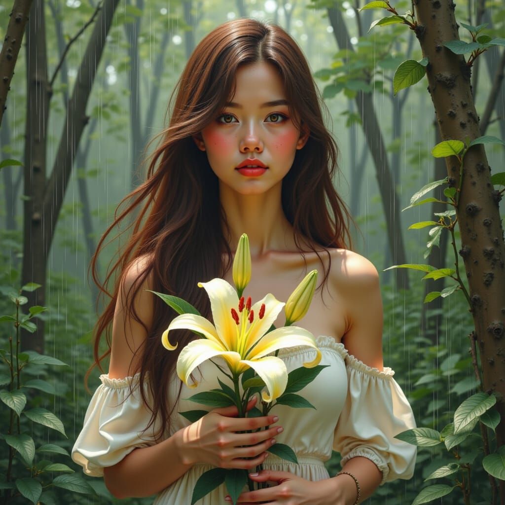 <lora:Juggernaut Art  Flux:1.0>  watercolor acrylic random pose. Beautiful  woman standing in the rain holding a beautiful lily flower. She ...