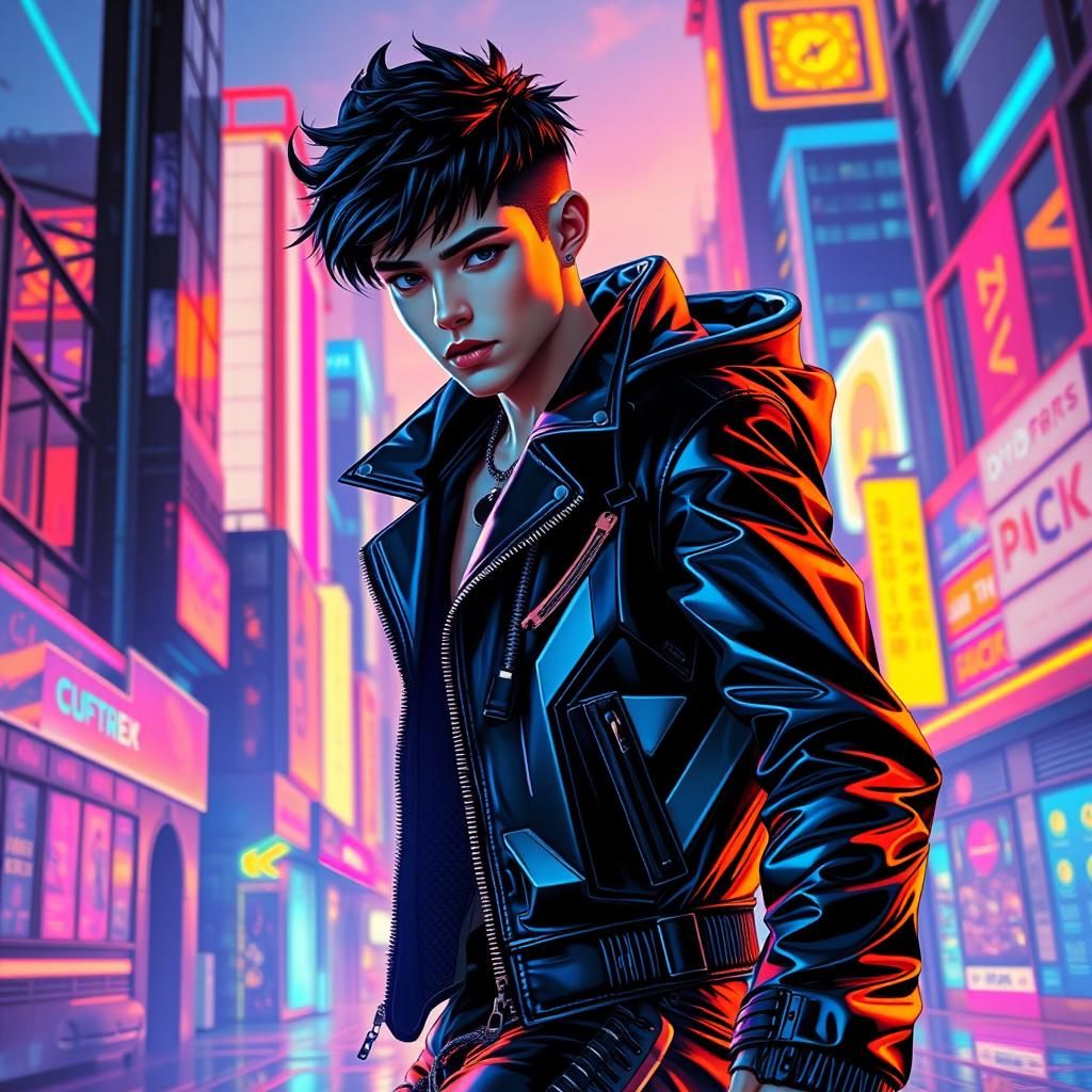 Cyberpunk Figure in Retro-Futuristic Cityscape