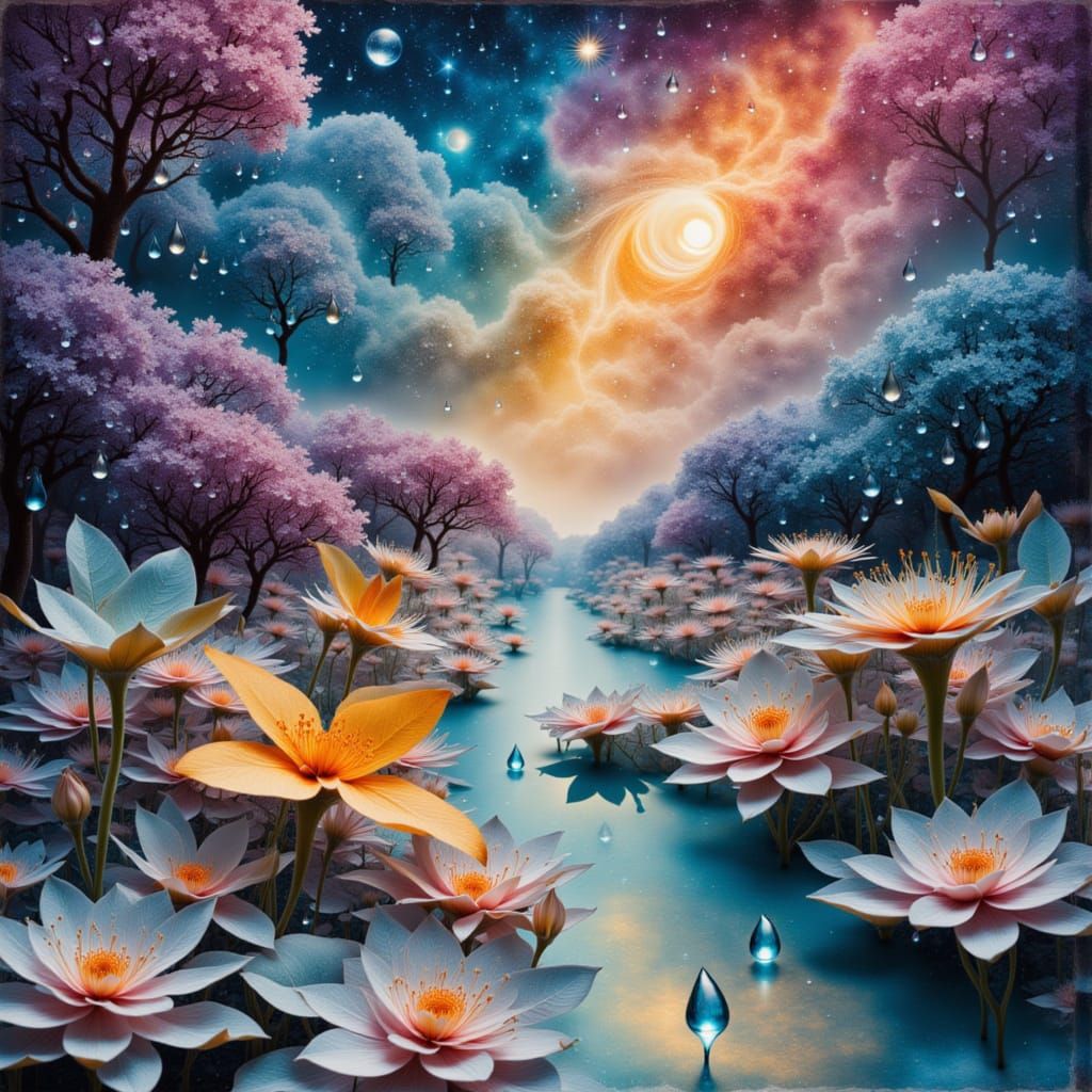 Imagine a surreal dreamscape made of folded origami colorful printed paper. The sky is filled with swirling galaxies and nebulae. The scene ...