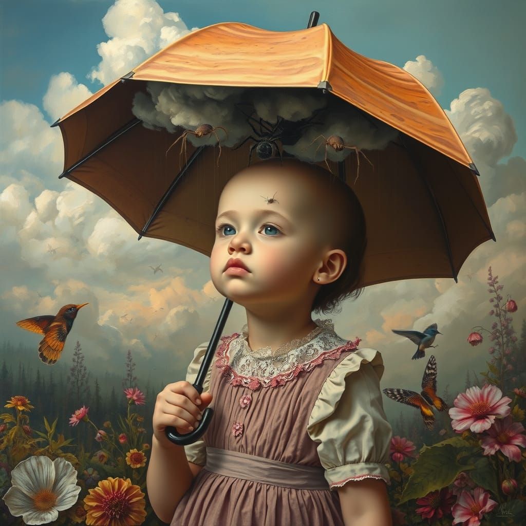 Surreal Oil Painting of a Headless Child in a Prim Dress