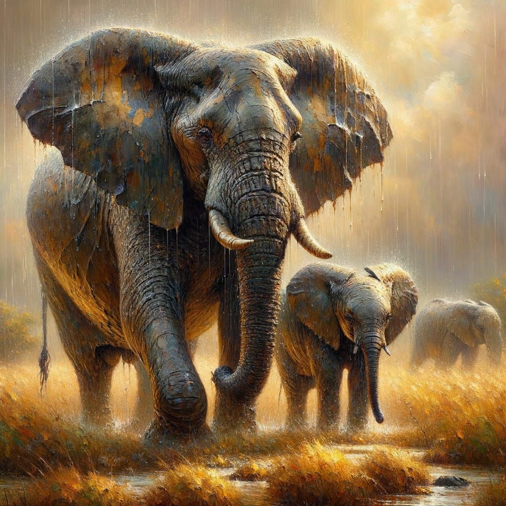 Create an award-winning oil masterpiece titled ‘Rain of Renewal.’ In the heart of the African savanna, ...  by @Nednut4362