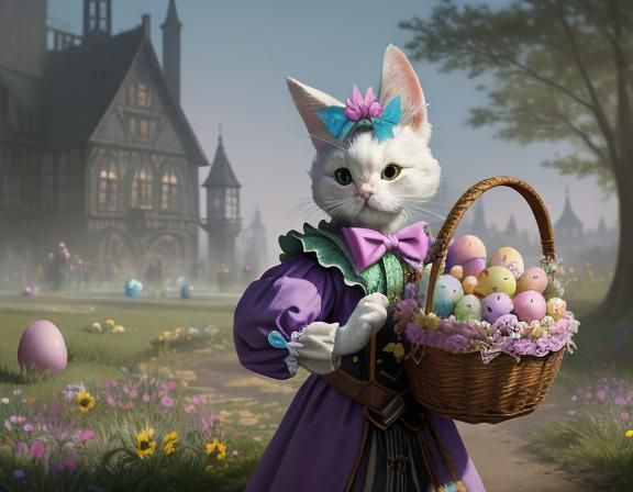 Easter Bunny Cat carrying Easter eggs