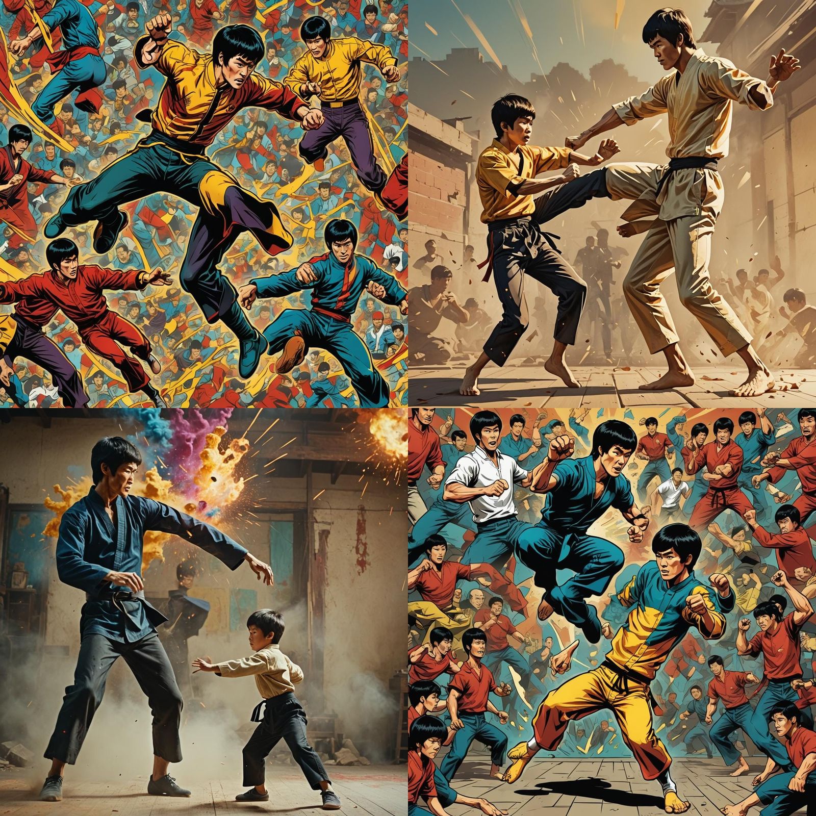 Child Kicks Bruce Lee: Humorous Digital Illustration
