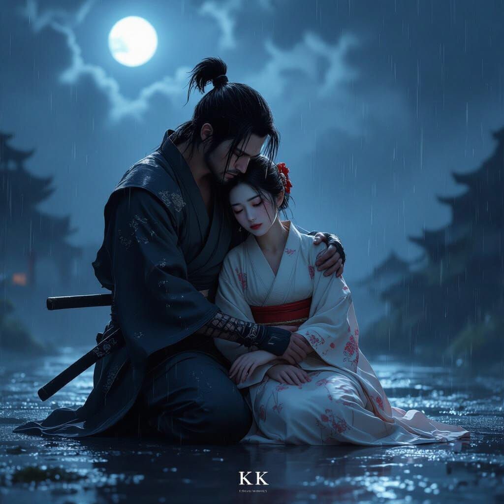 A cinematic ultra-realistic portrait (9:16) of a sorrowful ninja kneeling on the ground in heavy rain at night, holding a young woman with d...