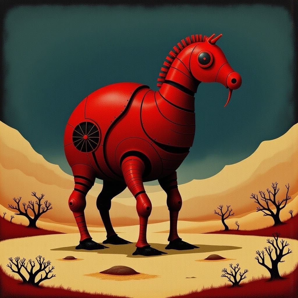 <lora:CRAWDAD SONG:1.0> Rusty red mechanical horse in an apocalyptic desert