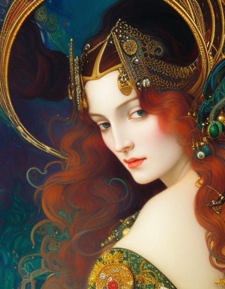 Beautiful Woman as Fearless Knight, Art Nouveau Style