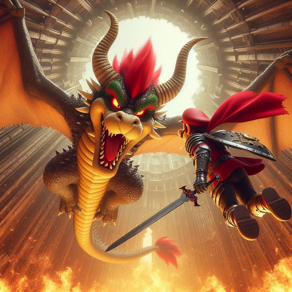 Mario knight versus dragon bowser