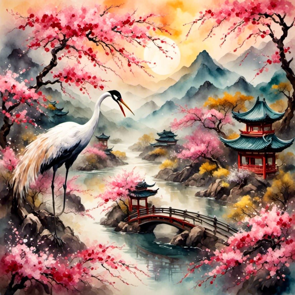 <lora:Water-Ink-color:1.0> <lora:DreamFalls:1.0> Pink plum b...