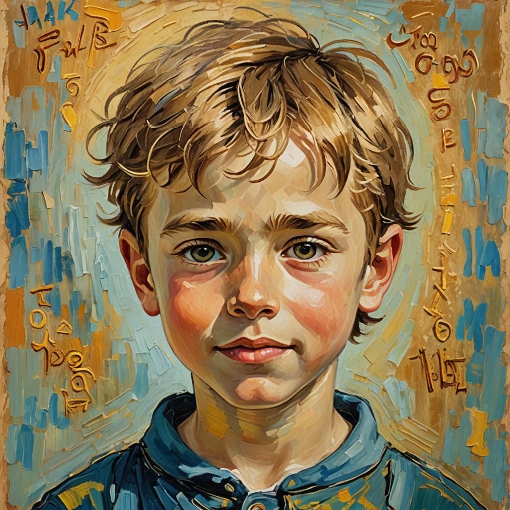 Boy with Sign: Impressionist Oil Painting