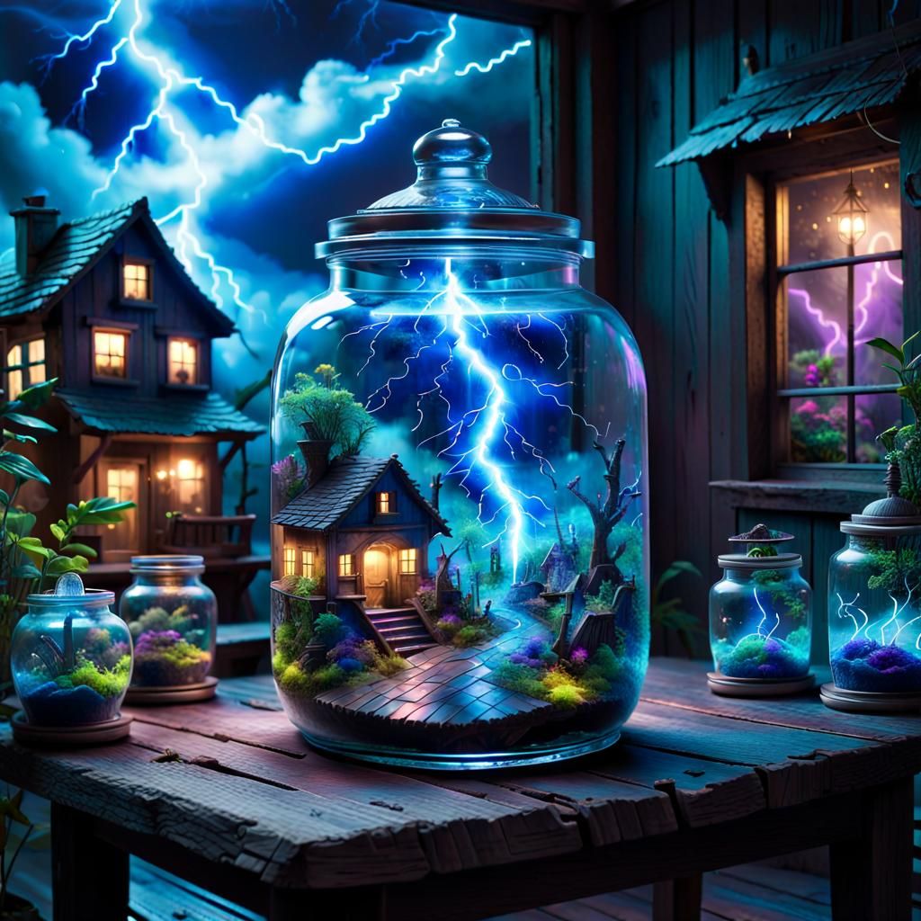 Elaborate glass jar sitting on top of an old wooden table, magical realism, with neon-blue lightning bolts, on a mini world fantasy village,...