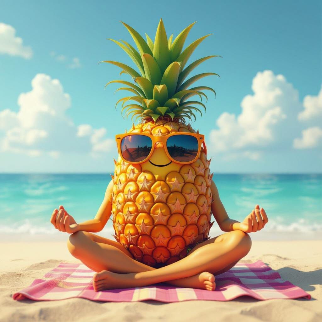 Pineapple with Sunglasses on Beach in 8K Art